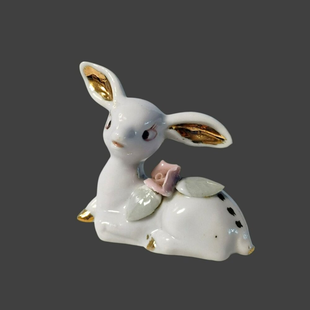 Vintage Chase Japan White Gold  Deer Fawn Figurine, Porcelain Hand Painted Pink